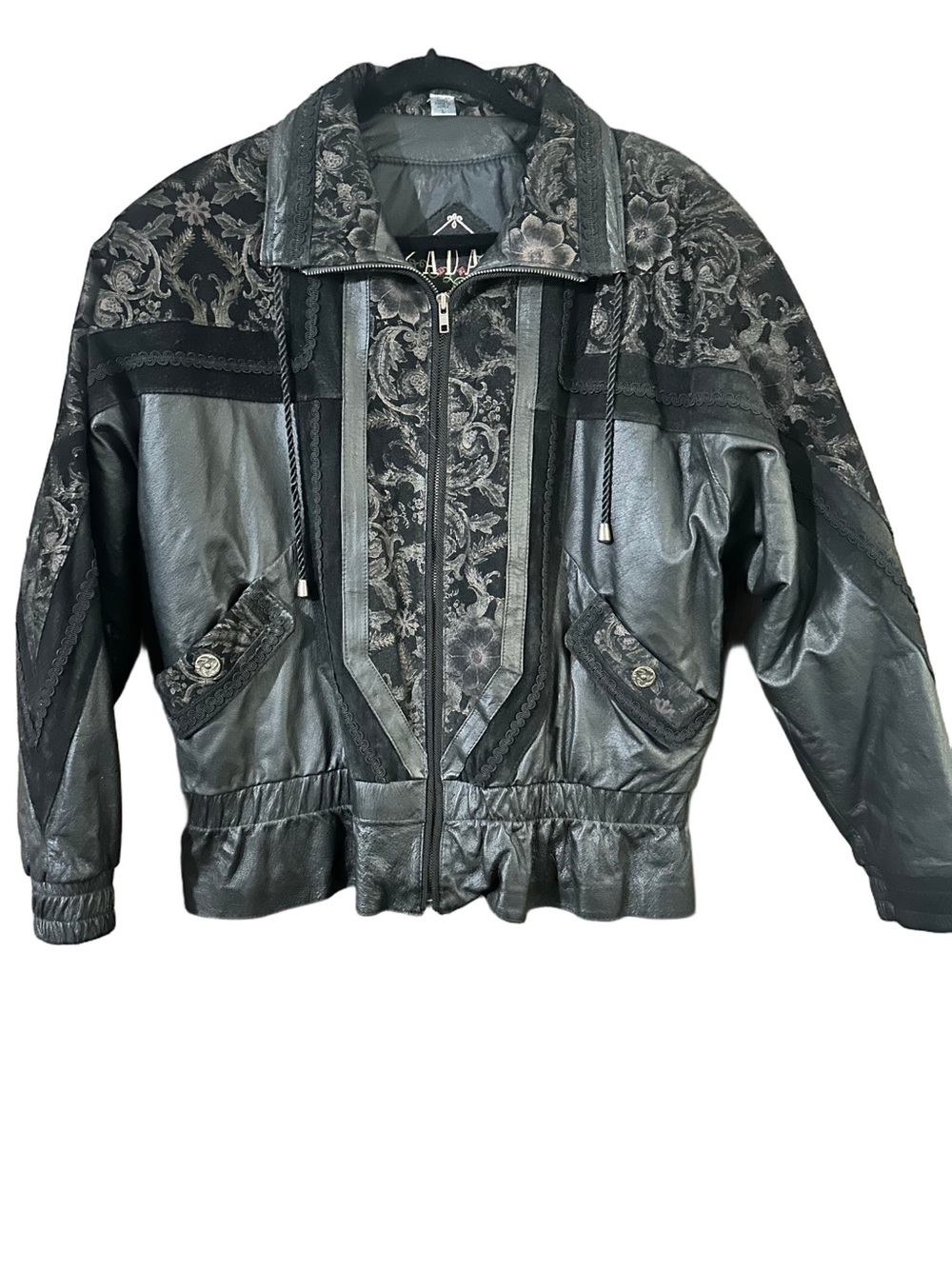 ADA Black Embossed Floral Vintage Leather Bomber Jacket Zip Up Size Large Moto